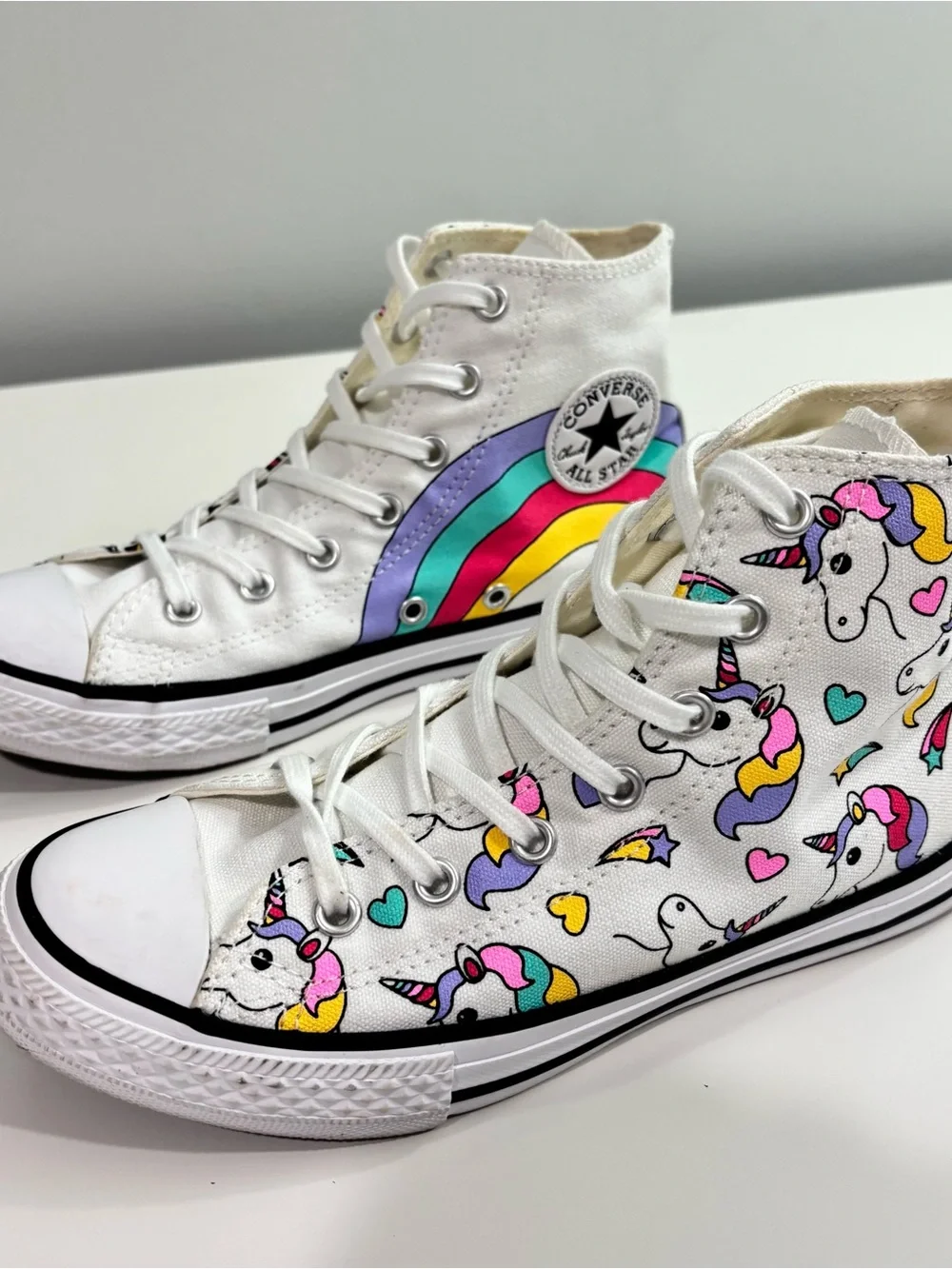 Converse White High Tops with Rainbow Stripe & Unicorn Print Junior Sz 3